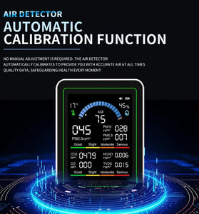 10In1 Air Quality Monitor CO Formaldehyde PM2.5 TVOC Humidity Temperature Detector LCD Display 2000mAh Lithium Battery Portable Indoor Outdoor Sensor