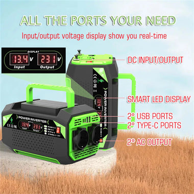 500W Inverter DC 12V to AC 220V with EU Socket Dual LCD Display Fast Charging for Outdoor Camping Car Home Use  Portable Power Supply