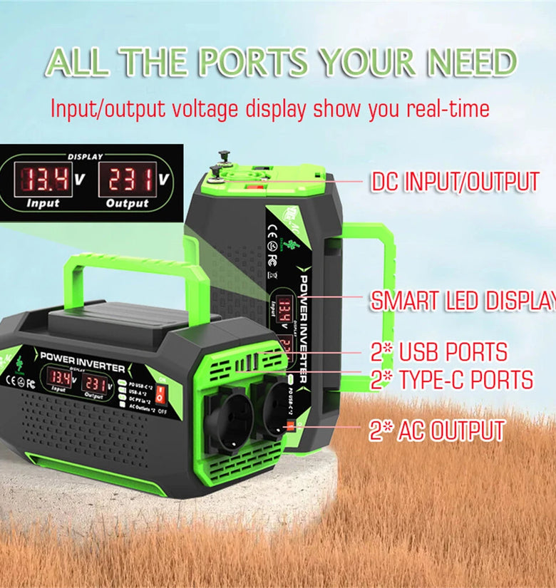 500W Inverter DC 12V to AC 220V with EU Socket Dual LCD Display Fast Charging for Outdoor Camping Car Home Use  Portable Power Supply