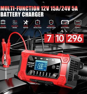 FOXSUR Battery Charger 12V 24V 15A Smart Car Motorcycle Battery Charger For Lead Acid LiFePO4 AGM GEL EFB Wet Deep-Cycle Batteries