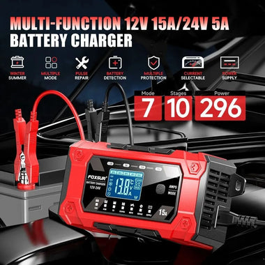 FOXSUR Battery Charger 12V 24V 15A Smart Car Motorcycle Battery Charger For Lead Acid LiFePO4 AGM GEL EFB Wet Deep-Cycle Batteries