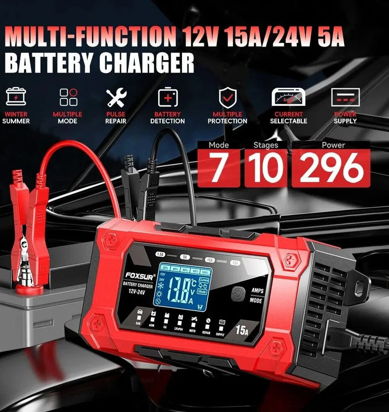 FOXSUR Battery Charger 12V 24V 15A Smart Car Motorcycle Battery Charger For Lead Acid LiFePO4 AGM GEL EFB Wet Deep-Cycle Batteries