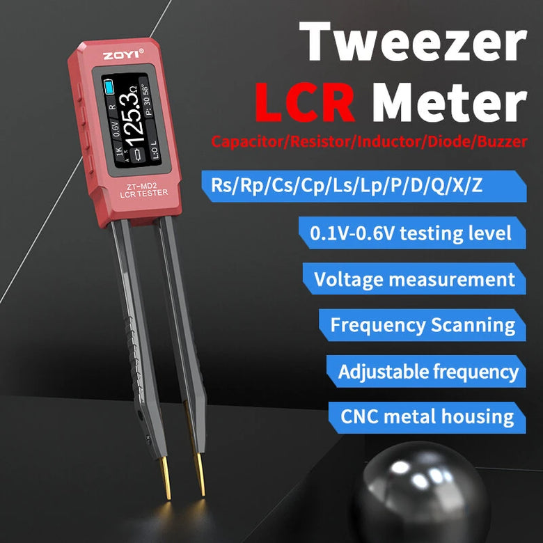 ZOYI ZT-M02 Tweezers LCR Meter Capacitor Resistor Inductor Diode Buzzer Tester OLED Display Adjustable Frequency CNC Metal Housing Portable Tool