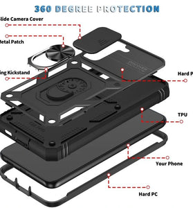 Multi-layers Shockproof Mobile Phone Case with Metal Patch Ring Holder Hard PC+TPU Protective Case for Samsung Galaxy S23 Ultra