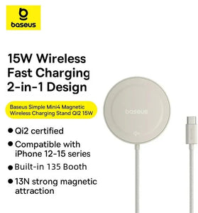Baseus Simple Mini4 15W Magnetic Wireless Charger Fast Wireless Charging Stand for Smart Phones for iPhone 15 14 13 for Huawei Pura 70 Ultra for Xiaomi Civi 4 Pro for Samsung Galaxy S24