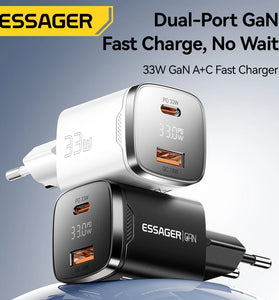 [GaN Tech] ESSAGER ES-CD45 PD33W 2-Port USB PD Charger USB-A+USB-C PD3.0 QC4.0 AFC FCP PPS iP2.4A Fast Charging Digital Display Wall Charger Adapter EU Plug for iPhone 16 16 Pro 15 14 13 Pro Max for Xiaomi 15pro for Samsung Galaxy Z Flip6