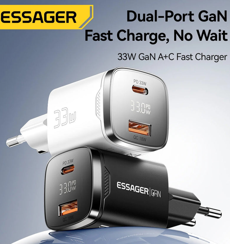 [GaN Tech] ESSAGER ES-CD45 PD33W 2-Port USB PD Charger USB-A+USB-C PD3.0 QC4.0 AFC FCP PPS iP2.4A Fast Charging Digital Display Wall Charger Adapter EU Plug for iPhone 16 16 Pro 15 14 13 Pro Max for Xiaomi 15pro for Samsung Galaxy Z Flip6