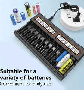 Intelligent Charging Adapter 12 Bay Battery Charger LCD Display Multi Slot Supports 18650/AA/AAA Battery Overcharge Protection Heat Dissipation Fast Charging Efficient Power Supply