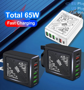LYK-880 65W 6-Port USB PD Charger 4USB-A+2USB-C PD Fast Charging Wall Charger Adapter EU Plug for iPhone 16 16 Pro 15 14 13 Pro Max for Xiaomi 15pro for Samsung Galaxy S25 Ultra