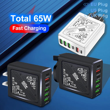 LYK-880 65W 6-Port USB PD Charger 4USB-A+2USB-C PD Fast Charging Wall Charger Adapter EU Plug for iPhone 16 16 Pro 15 14 13 Pro Max for Xiaomi 15pro for Samsung Galaxy S25 Ultra