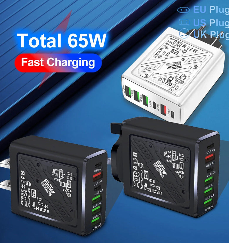 LYK-880 65W 6-Port USB PD Charger 4USB-A+2USB-C PD Fast Charging Wall Charger Adapter EU Plug for iPhone 16 16 Pro 15 14 13 Pro Max for Xiaomi 15pro for Samsung Galaxy S25 Ultra