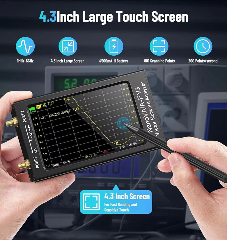 NanoVNA F V3 Vector Network Analyzer 1MHz to 6GHz TDR Function 4.3 Inch Resistive Touchscreen High Accuracy Fast Sweep Speed VNA Analyzer