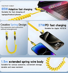 PD65W USB-A/Type-C to iP/Type-C Spring Telescopic Cable PD Fast Charging Data Transmission Copper Core Line 1.5M Long for iPhone 16 16 Pro 15 14 Plus 13 for Huawei Mate XT for Xiaomi 15pro for Samsung Galaxy Z Flip6
