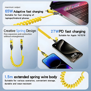 PD65W USB-A/Type-C to iP/Type-C Spring Telescopic Cable PD Fast Charging Data Transmission Copper Core Line 1.5M Long for iPhone 16 16 Pro 15 14 Plus 13 for Huawei Mate XT for Xiaomi 15pro for Samsung Galaxy Z Flip6