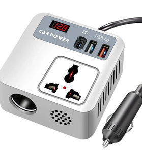 Car Power Inverter 12V 24V to 220V 150W Multiple USB Ports QC3.0 PD Fast Charging LED Voltage Display Portable Converter Adapter Vehicle Accessory