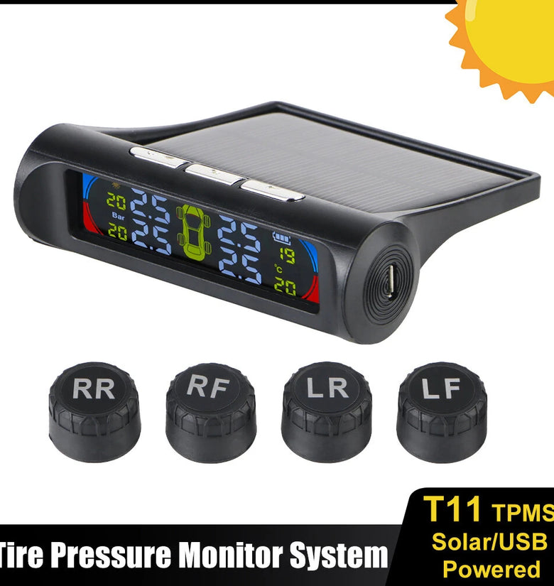 Solar USB Power TPMS Car Tire Pressure Monitoring System Auto Security Alarm System Tyre Temperature Monitor External Sensors