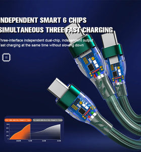 6A 3 in 1 USB-A to Micro+iP+Type-C Fast Charging Cable Data Transmission Nylon Braided Core Line 1.2M Long For iPhone14 Pro Max For Huawei P50 For Xiaomi Mi12 For Samsung Galaxy Z Fold 2