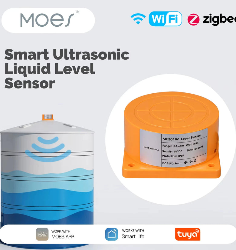 MOES Tuya WiFi/ZigBee3.0 Smart Water Level Sensor with APP Alarm Alert Ultrasonic Tank Monitor Remote Detector