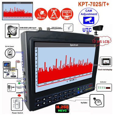 KPT-702ST+AHD Spectrum Satellite Finder DVB-S2/T2/C 7-inch LCD Touchscreen Signal Strength Meter USB HDMI AV Rechargeable Battery