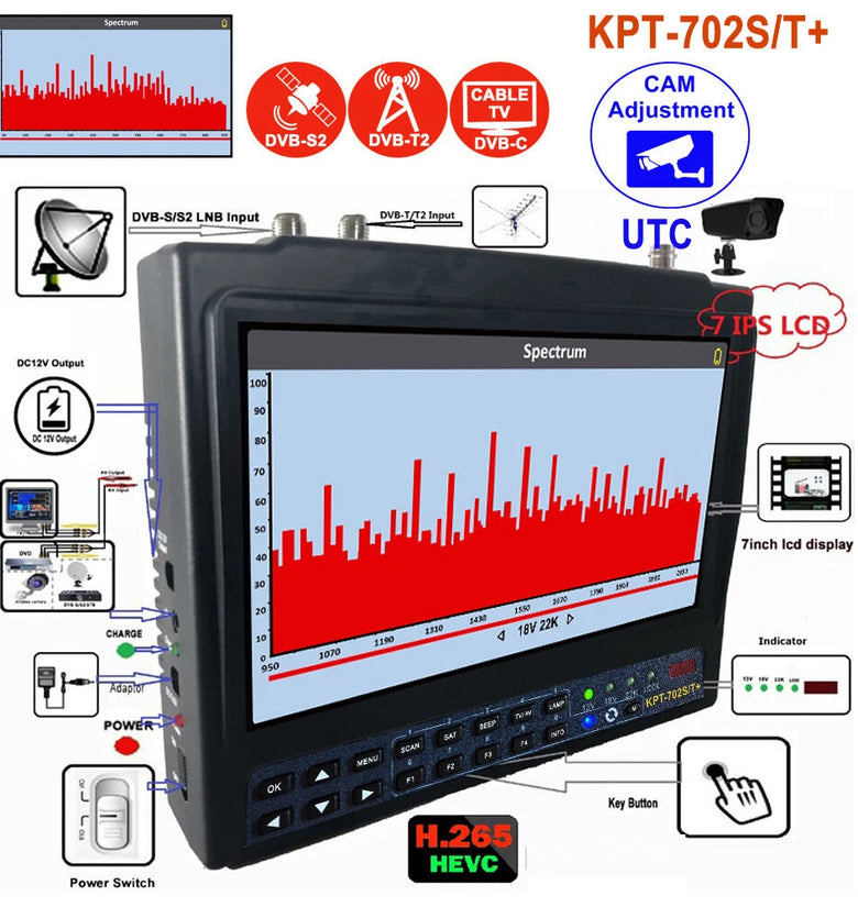 KPT-702ST+AHD Spectrum Satellite Finder DVB-S2/T2/C 7-inch LCD Touchscreen Signal Strength Meter USB HDMI AV Rechargeable Battery