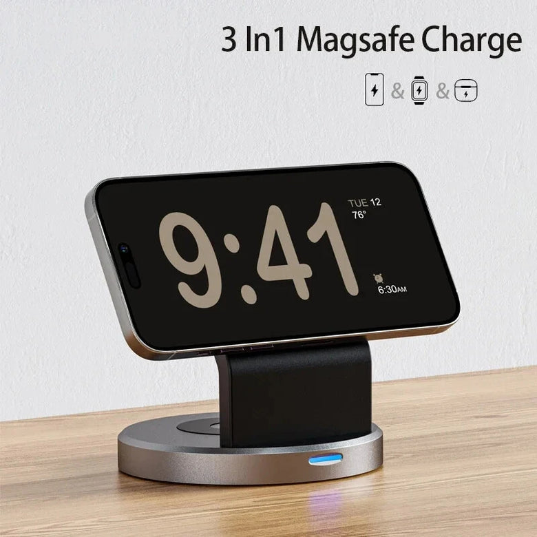 BTJ-W11 3-in-1 15W Magnetic Wireless Charger Fast Wireless Charging Stand for Smart Phones for iPhone 16 16 Pro 15 14 13 Pro Max for Huawei Mate XT for Xiaomi MIX Fold4 for Airpods for Apple Watch