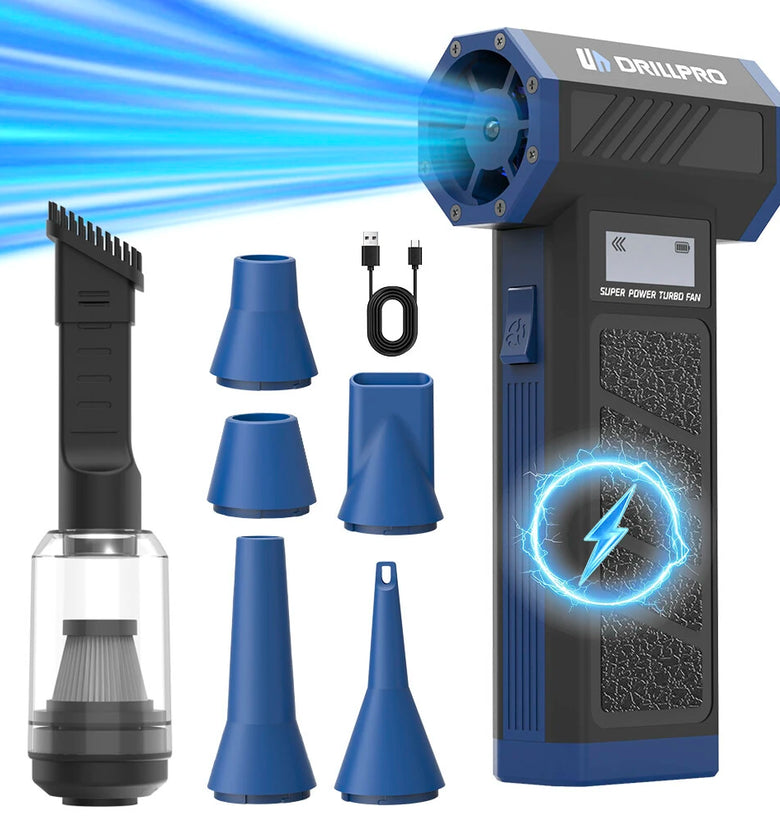 DRILLPRO P30 Turbo Fan 130,000 RPM 300g Wind Pressure with 5000mAh Battery Dual Nozzles Portable Brushless Motor High Performance