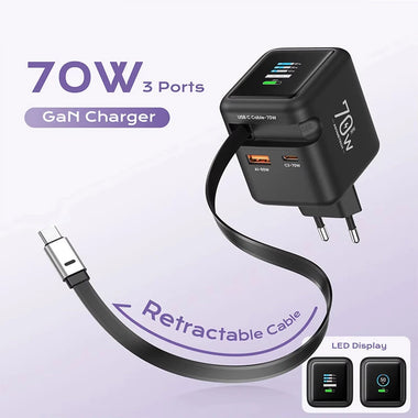 [GaN Tech] ASOMETECH CH055-PQ PD70W 2-Port USB PD TFT Display Charger Come with Type-C Retractable Cable+USB-A+USB-C PD3.0 QC4.0 AFC FCP SCP PPS Fast Charging Wall Charger EU Plug for iPhone 17 17Pro 16 15 14 Pro Max for Xiaomi 17pro for Oppo Find X9