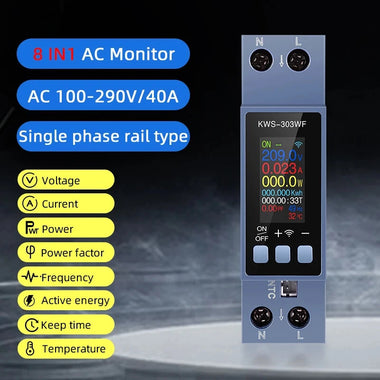 Din Rail AC Monitor KWS-303WF/KWS-303L/KWS-303 8-in-1 100-290V 40A Power Factor Frequency KWH Meter WiFi Control