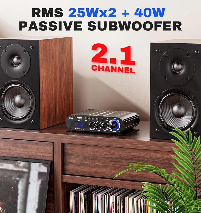 ST-839 2.1CH Mini Bluetooth Stereo Amplifier RMS 25Wx2+40W Subwoofer Output USB/AUX/RCA Input Home Audio Receiver for Home Theater With DC12V Power Adapter