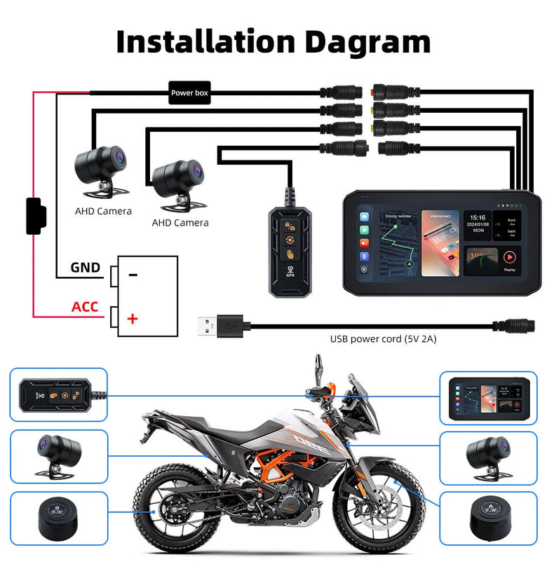 6.25inch Wireless CarPlay Moto Android Auto Portable Digital Dashboard GPS Motorcycle Navigation Display GPS Remote Control TPMS