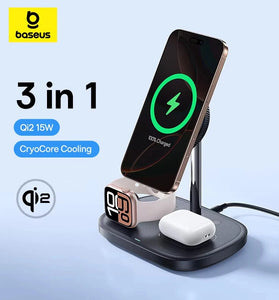Baseus EnerFill FS41 15W 3-in-1 Magnetic Wireless Charger Fast Wireless Charging Stand with TEC Cooling for Smart Phones for iPhone 16 16 Pro 15 14 13 Pro Max for Samsung Galaxy Z Fold7 for Huawei Pura 80 Ulta for Apple Watch for Airpods