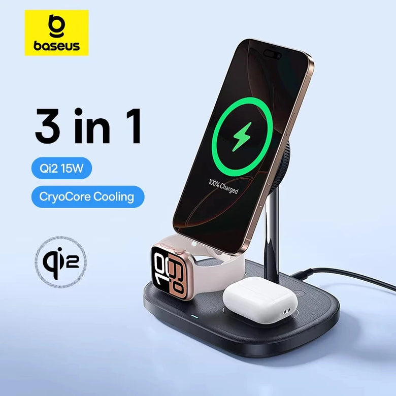 Baseus EnerFill FS41 15W 3-in-1 Magnetic Wireless Charger Fast Wireless Charging Stand with TEC Cooling for Smart Phones for iPhone 16 16 Pro 15 14 13 Pro Max for Samsung Galaxy Z Fold7 for Huawei Pura 80 Ulta for Apple Watch for Airpods