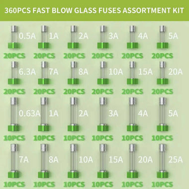 360PCS Fast Blow Glass Fuses Assortment Kit 24 Values Auto Fuses Assortment Kit 250V 0.5A-25A 5x20mm 6x30mm Glass Fuses