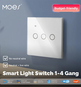 MoesHouse Tuya Smart WiFi Light Switch 1-4 Gang Touch Glass Panel Timing Function APP Remote Control Voice Control Work with Alexa Google Assistant EU Plug