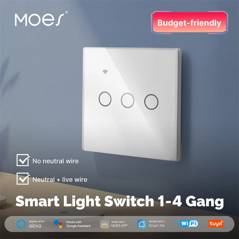 MoesHouse Tuya Smart WiFi Light Switch 1-4 Gang Touch Glass Panel Timing Function APP Remote Control Voice Control Work with Alexa Google Assistant EU Plug