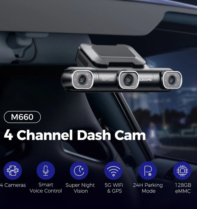 AZDOME M660 4CH 4 Lens 2.4 Inch IPS Screen Driving Recorder WIFI GPS Driving Track Dash Cam Smart Voice Control Night Vision