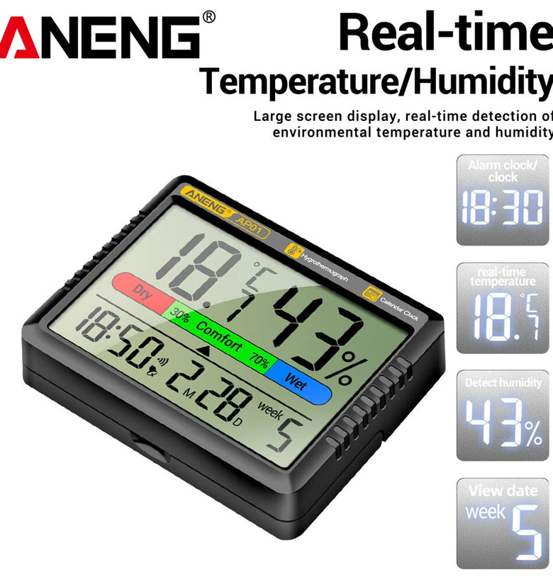 2PCS ANENG AP01 Hygrometer Clock Calendar Snooze Mode LCD Display Temperature Range -10~50C Humidity Range 10~99% Hourly Reminder Battery Operated for Home Office