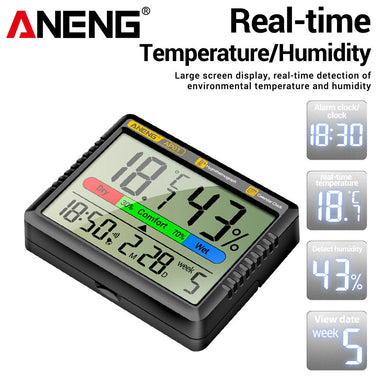 2PCS ANENG AP01 Hygrometer Clock Calendar Snooze Mode LCD Display Temperature Range -10~50C Humidity Range 10~99% Hourly Reminder Battery Operated for Home Office