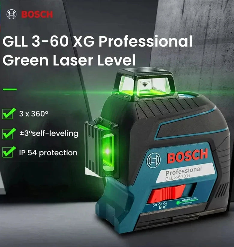 GLL3-60XG 3D Green Laser Level 12 Lines Auto-Leveling 30m Range IP54 High Accuracy Construction Tool