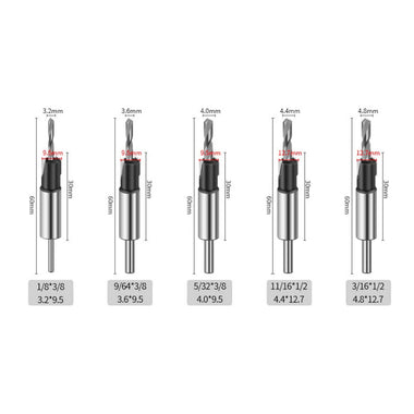 Countersink Drill And 5 Center Drill Bits 6542 Steel Aluminum Alloy 6.35mm Shank Semi-Automatic Depth Adjustment Adjustable Depth Scale Stop Function Replaceable Bits 170x100mm Red Blue Gold