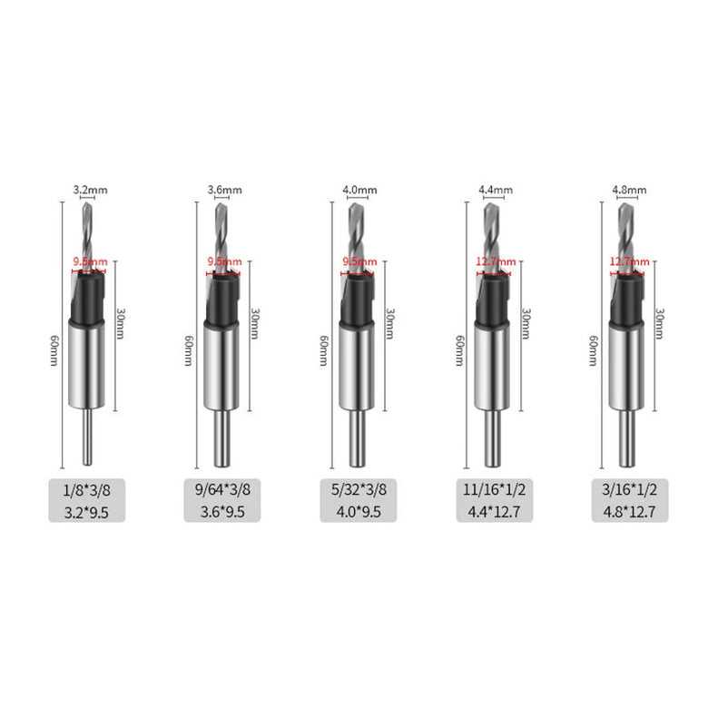Countersink Drill And 5 Center Drill Bits 6542 Steel Aluminum Alloy 6.35mm Shank Semi-Automatic Depth Adjustment Adjustable Depth Scale Stop Function Replaceable Bits 170x100mm Red Blue Gold