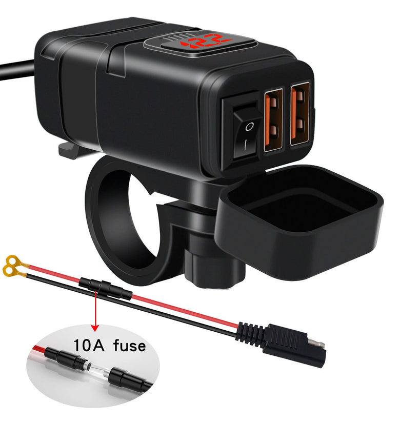 Motorcycle Charger SAE to USB Adapter Dual USB Fast Charger 12V Voltmeter with On/Off Power Switch for Phone GPS Tablet
