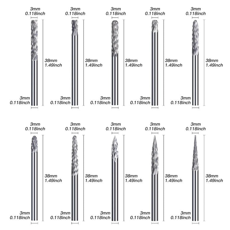 Carbide Rotary Burr Set Tungsten Steel 20pcs Double Cut Grinding Bits 3mm Shank for Metal Wood Polishing Engraving Tool