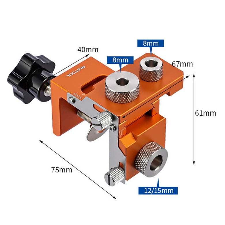 RUITOOL 3-in-1 Woodworking Drill Jig Aluminum Alloy 6061 Adjustable Board Thickness 15-25mm Connector Rod Length 20-33mm Hole Sizes 8mm 12mm 15mm Wood Joinery Tool