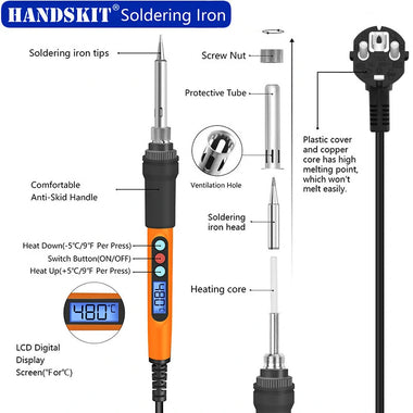 Handskit 90W Digital Display Soldering Iron Set Internal Heating Thermostat Adjustable Temperature Lcd Digital Display Soldering Iron With Switch With Hibernation Iron