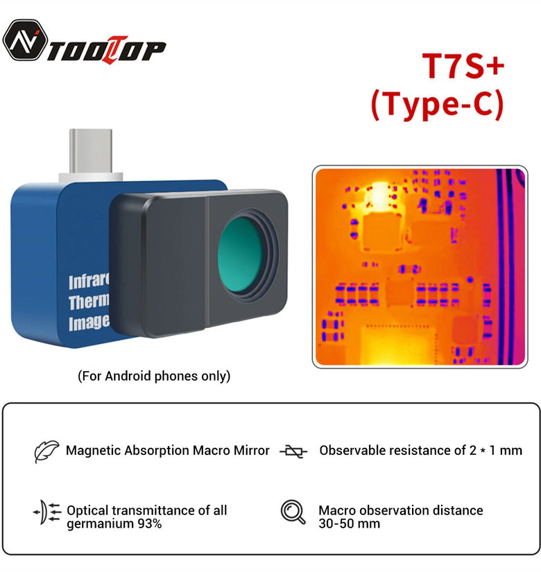 T7S+ Infrared Thermal Imager with Macro Len for Android phone 256*192 High Resolution Observation 30-50mm Distance -15C to 600C Mobile App for Professional Thermal Analysis Ideal for Solar Power Device Error Detection