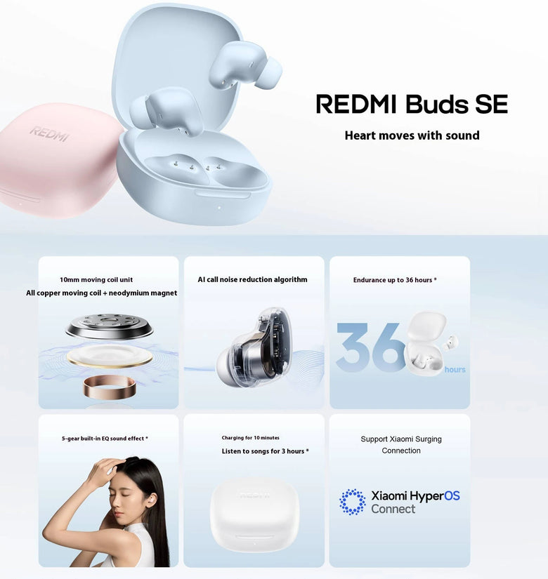 Xiaomi Redmi Buds SE TWS Earbuds bluetooth V5.4 Earphone 10mm Drivers AI Call Noise Cancelling 36H Playback 5 EQ Modes Touch Control In-ear Sports Headphone with Mic