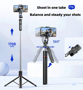 F16 Wireless bluetooth Selfie Stick with Adjustable Tripod Anti-Shake Detachable Stabilizer with bluetooth Remote 1.7m Telescopic 3-in-1 Mobile Phone Camera Stand