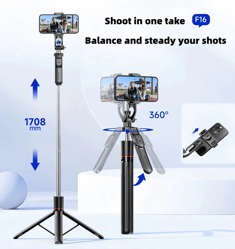 F16 Wireless bluetooth Selfie Stick with Adjustable Tripod Anti-Shake Detachable Stabilizer with bluetooth Remote 1.7m Telescopic 3-in-1 Mobile Phone Camera Stand