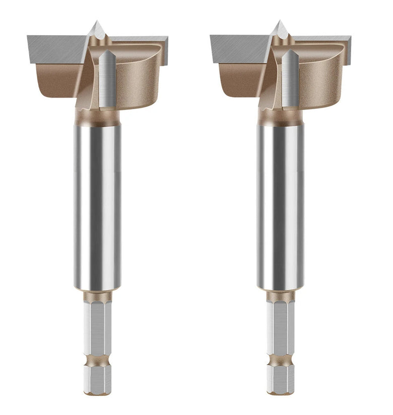 10mm to 50mm Professional Hexagonal Shank Woodworking Hinge Boring Bit Tungsten Carbide Blade Three-Tooth Double Blade Design Multiple Sizes